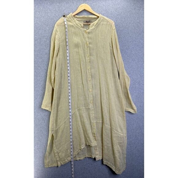 FLAX Medium Linen Long Shirt Dress Button Front Green Yellow Kaftan Oversized - Picture 8 of 13